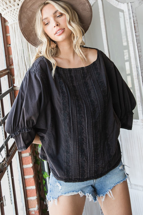 Oli & Hali Mineral Washed Embroidery Detail Front Solid Blouse Top