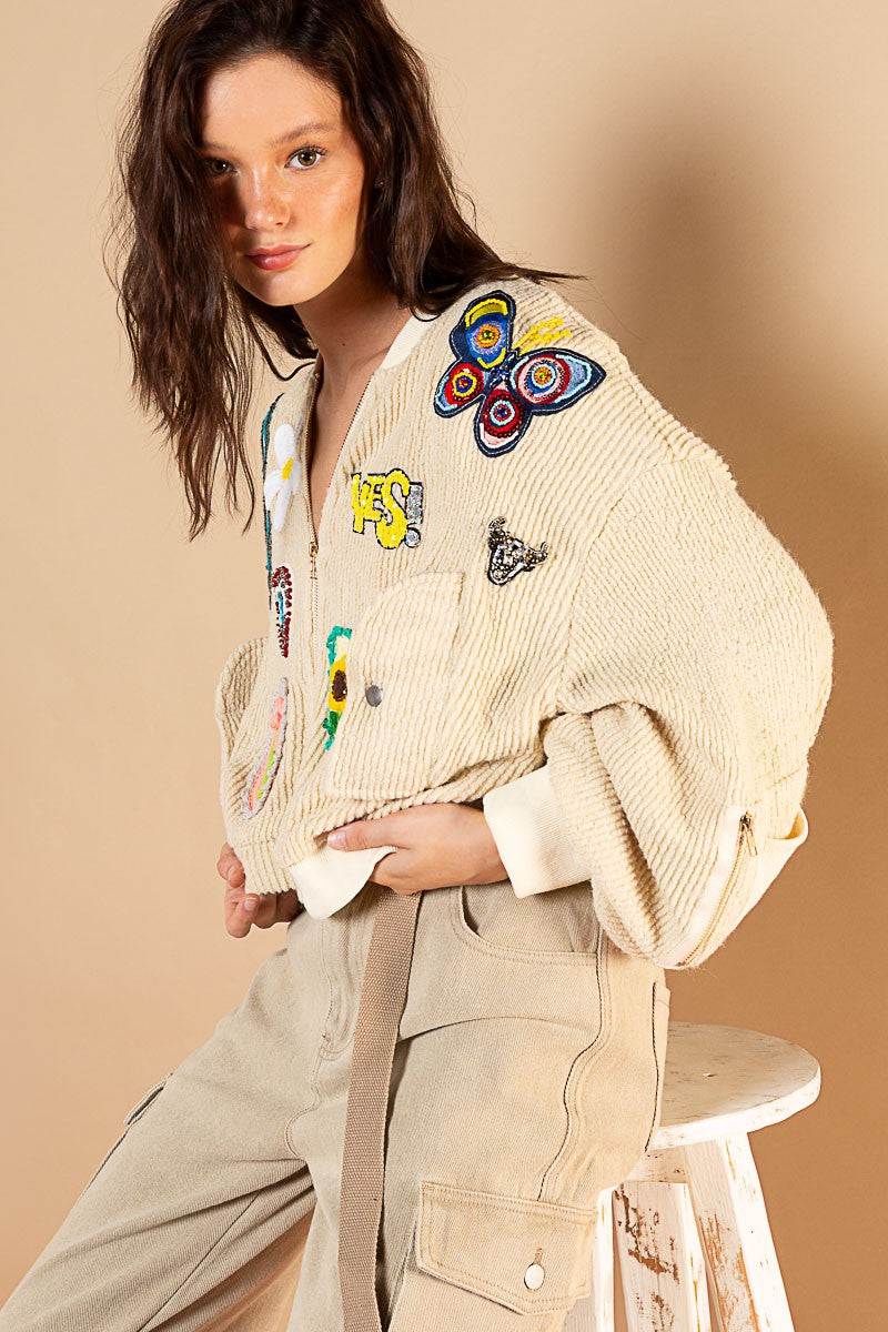 POL Patch Embellishment Ruched Sleeve Sweater Cropped Fit Jacket