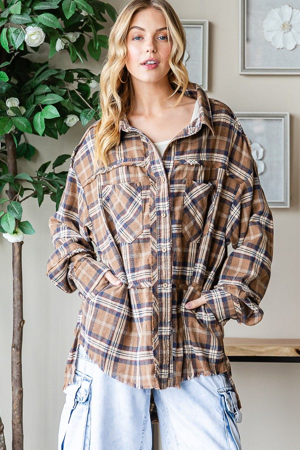 Oli & Hali Mineral Washed Plaid Shirts Top