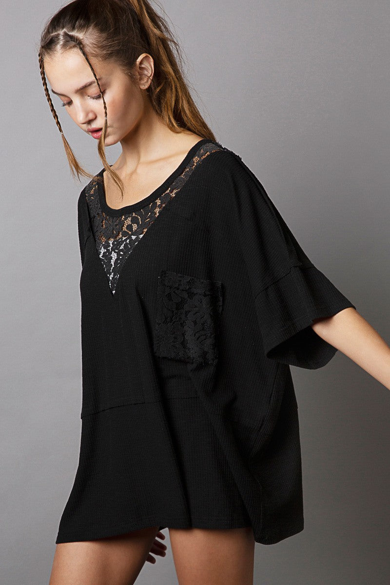 POL Round Neck Short Sleeve Lace Patches Solid Top