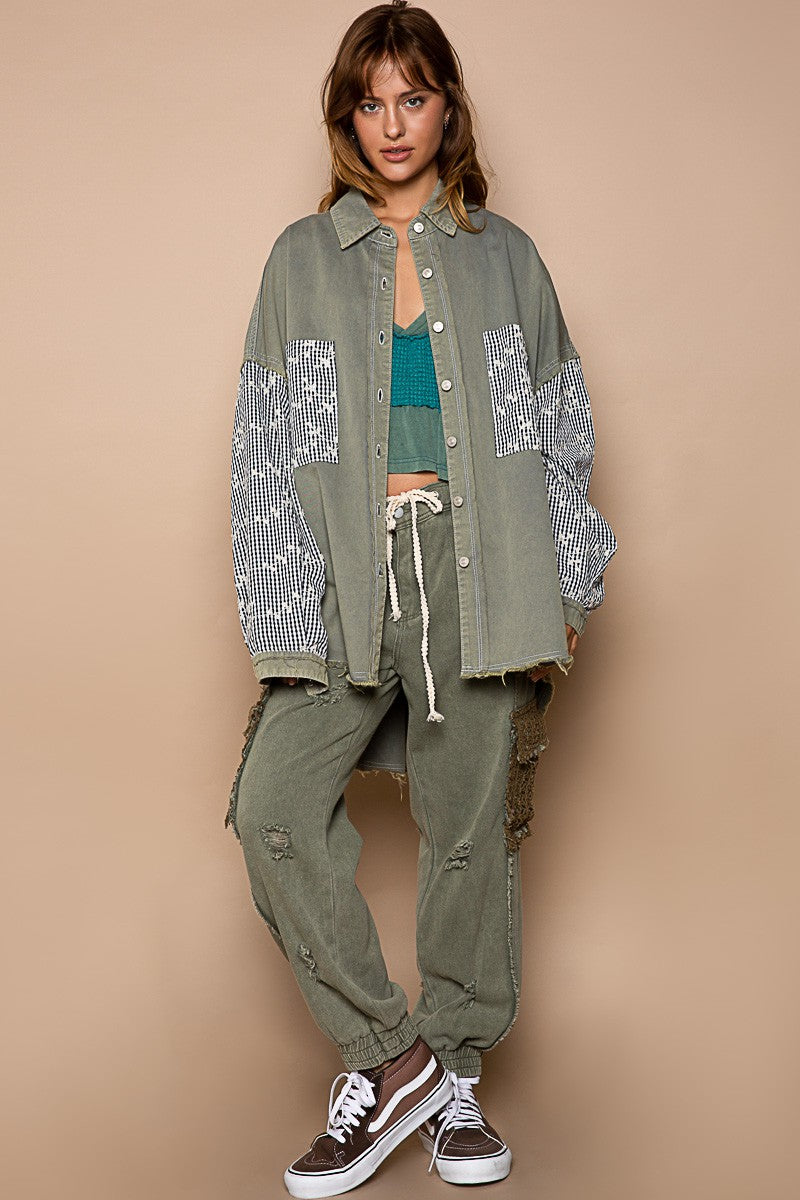 POL Twill Longsleeve Embroidered Check Pattern Raglan Jacket - Roulhac Fashion Boutique