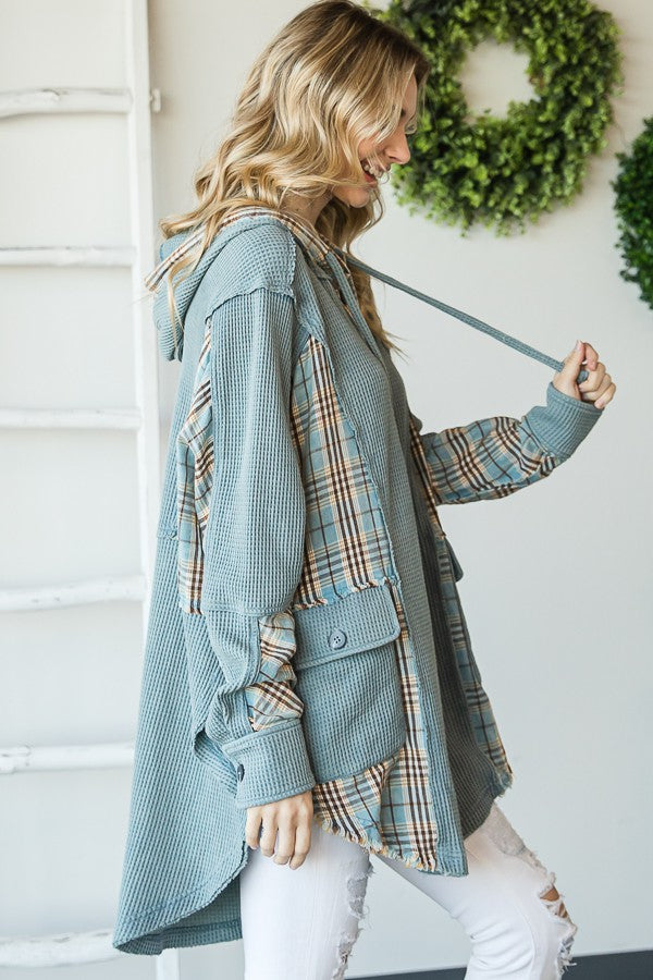 Oli & Hali Mineral Washed Plaid Contrast Waffle Hoodie Jacket