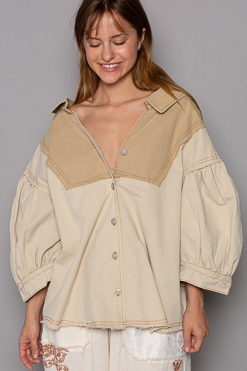 POL Color Block Button Down V Neck Balloon Sleeve Top