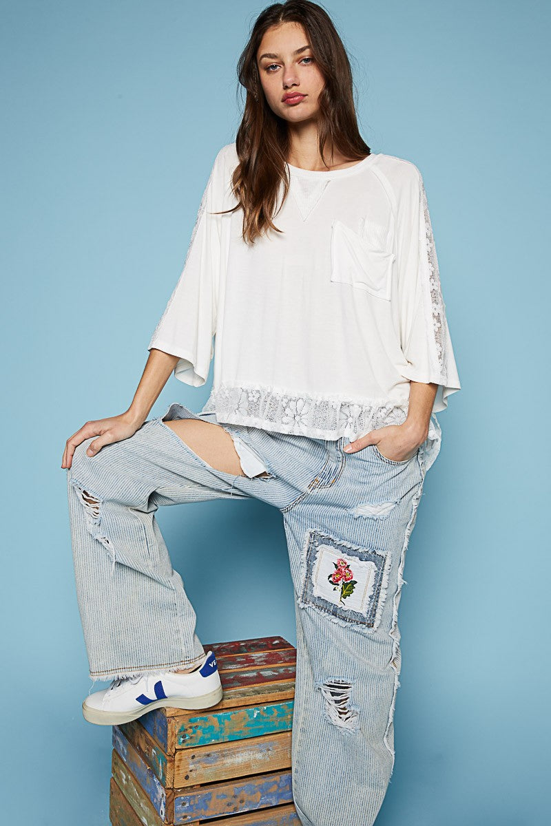 POL Oversize Round Neck Ruffle Hem Lace Knit Top