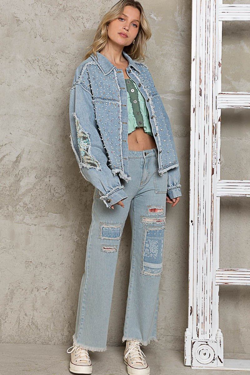 POL Oversize Embellished Pearl Stone Beaded Relaxed Fit Shacket - Roulhac Fashion Boutique