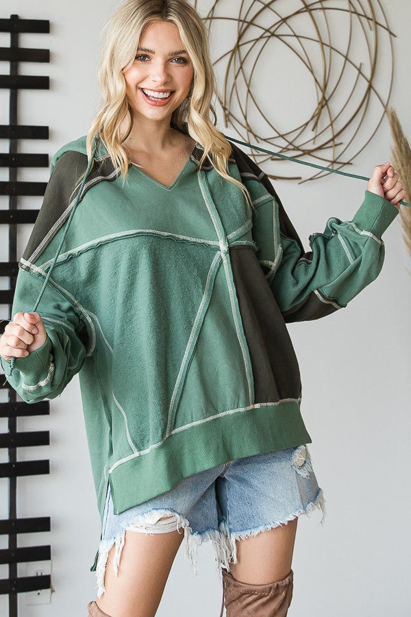 Oli & Hali Patchwork Soft Knit Contrast Hoodie Top