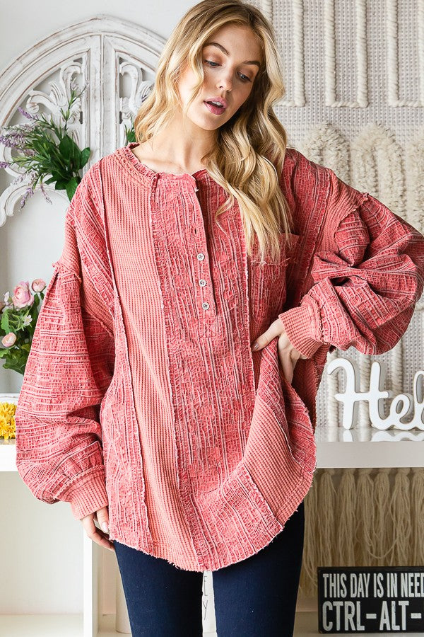 Oli & Hali Washed Fabric Mix Mandarin Collar Top