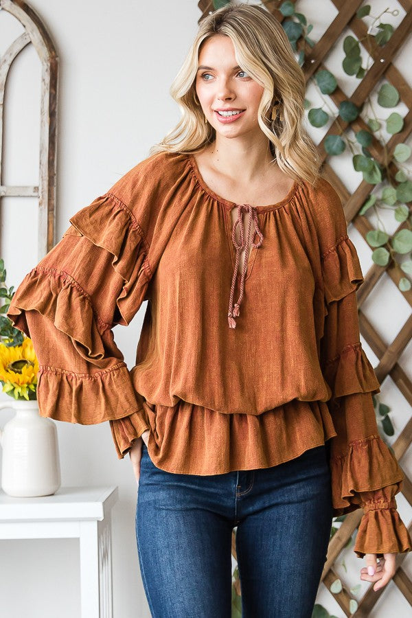 Oli & Hali Washed Ruffle Sleeve Peplum Top