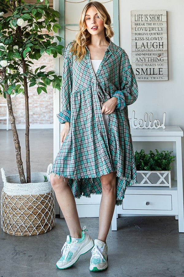 Oli & Hali Mineral Washed Back Tiered Check Plaid Tunic Top