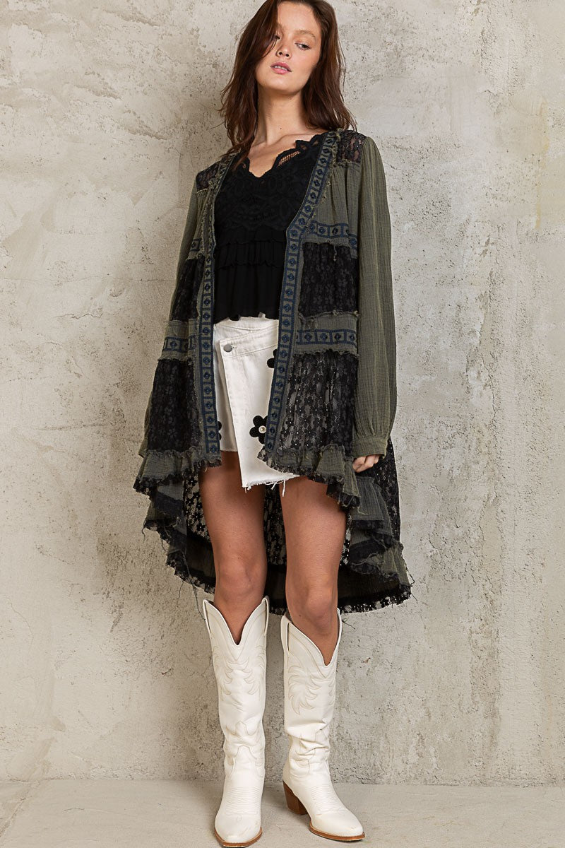 POL Cuff Sleeve Sheer Lace Panels Cardigan Top