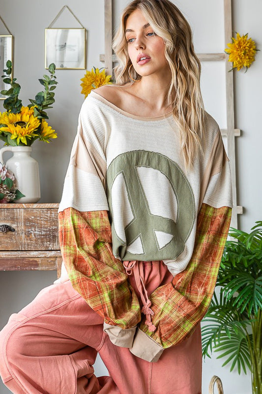 Oli & Hali Peace Applique Plaid Sleeve Pullover Top