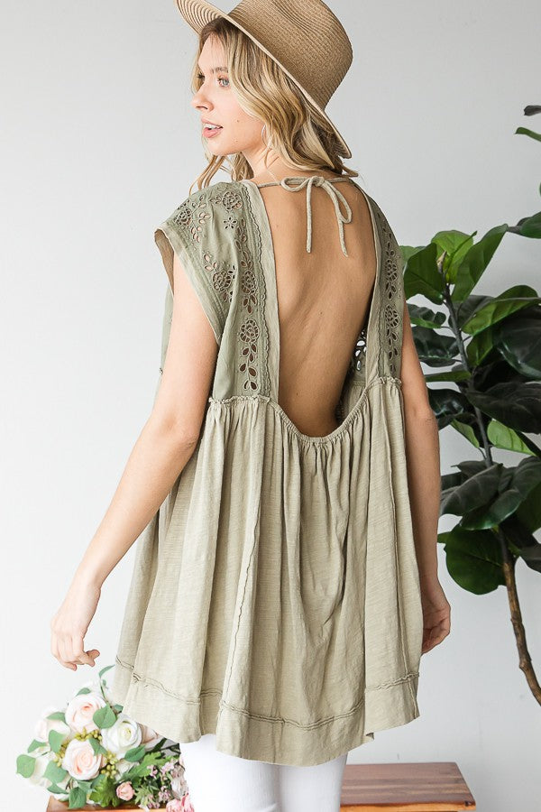 Oli & Hali Mineral Washed Embroidey Open Back Tunic Dress