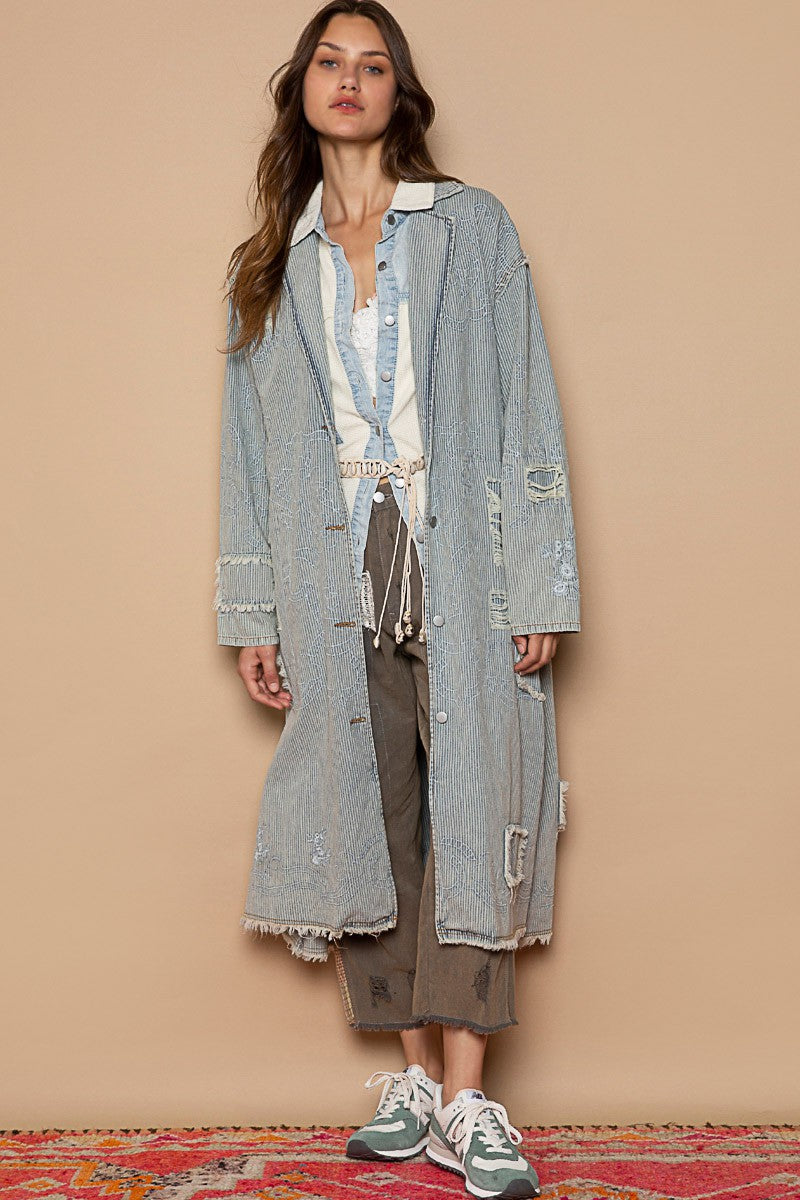 POL Long Sleeve Embroidery Stripe Denim Oversized Fit Long Jacket - Roulhac Fashion Boutique