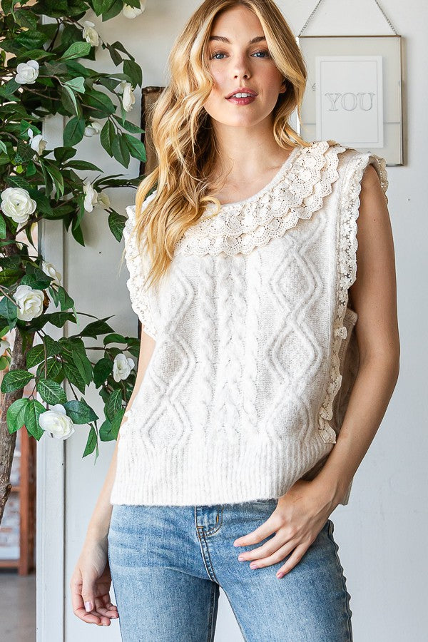 Oli & Hali Cable Knit Sweater Vest With Lace Trim Top