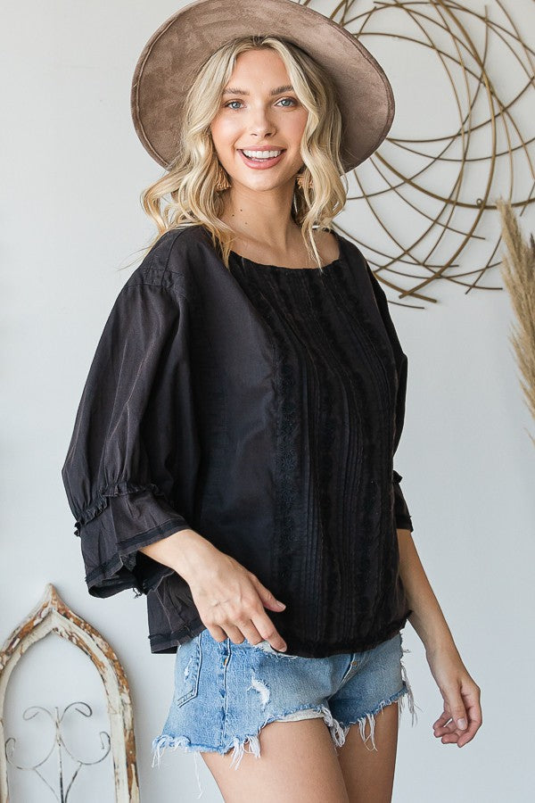 Oli & Hali Mineral Washed Embroidery Detail Front Solid Blouse Top