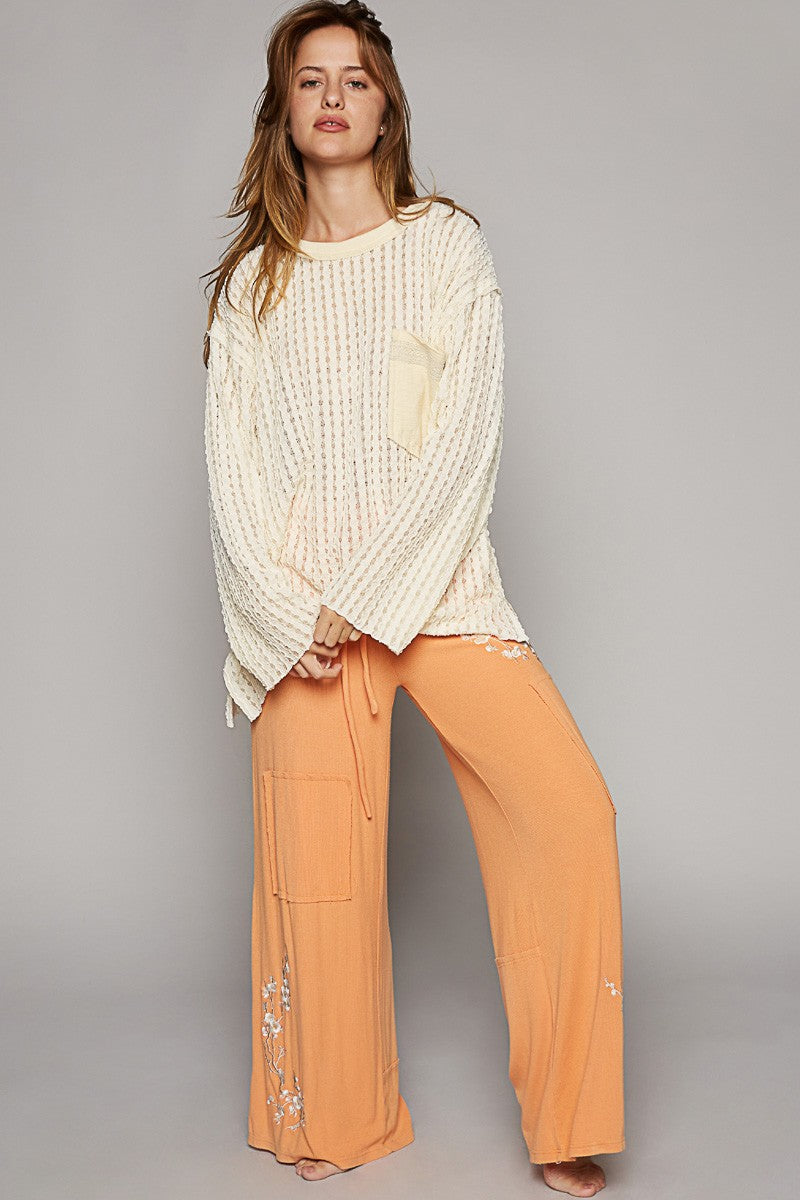 POL Round Neck Long Sleeve Cut Sew Soild Knit Top