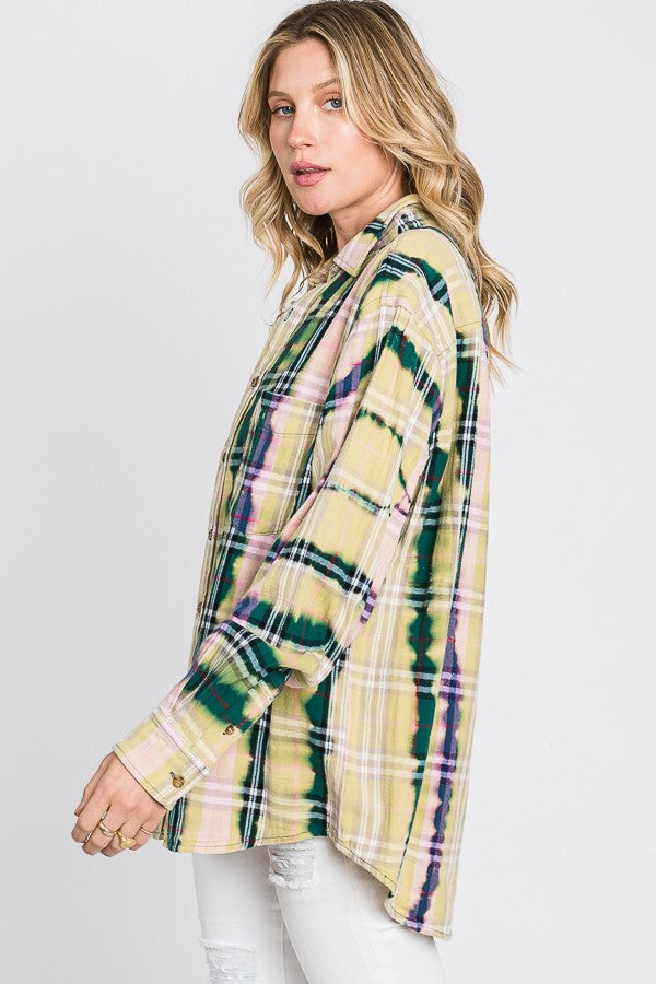 Oli & Hali Bleached Detail Front Pocket Plaids Top