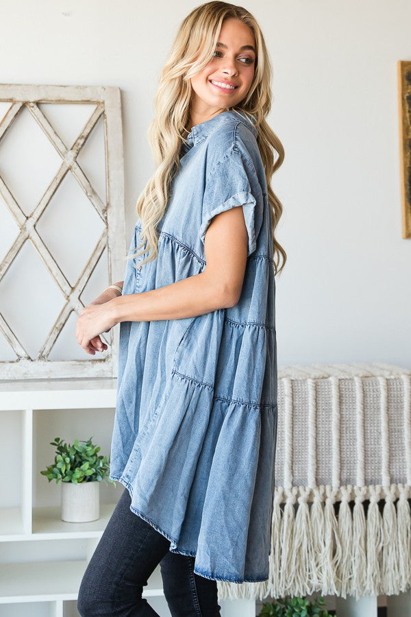 Oli & Hali Mineral Washed Tencil Tiered Button Down Dress