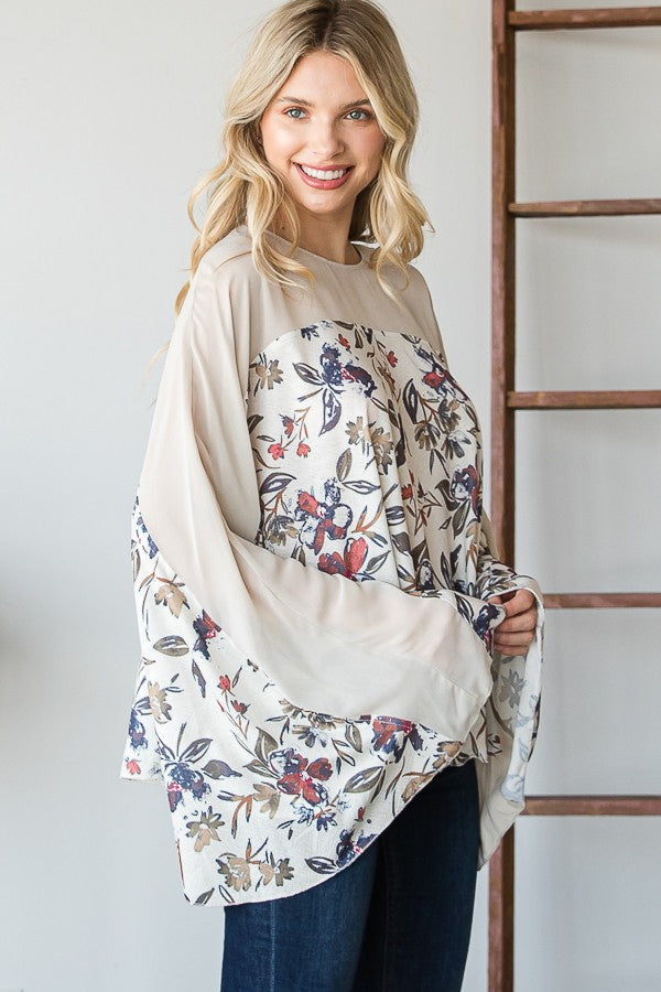 Oli & Hali Floral Print Solid Contrast Bell Sleeves Detail Fl Top