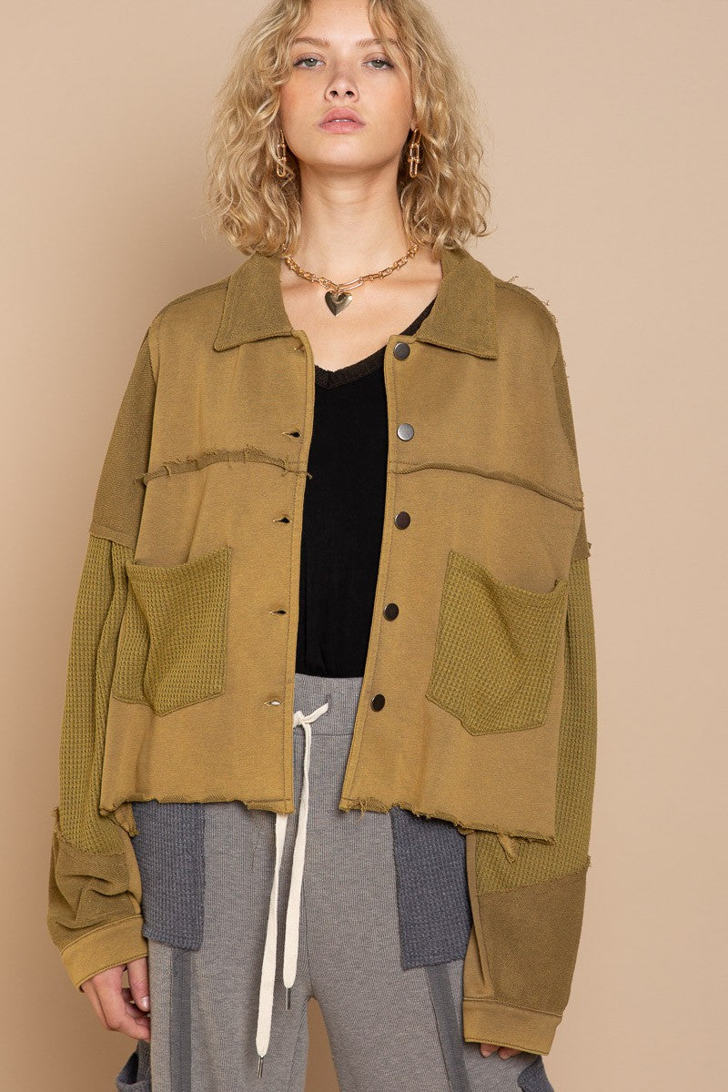 POL Raw Edge Hemline Button Closure Long Sleeve Jacket - Roulhac Fashion Boutique
