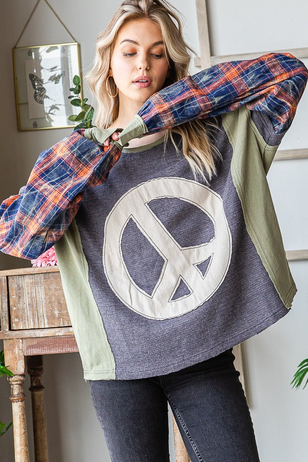 Oli & Hali Peace Applique Plaid Sleeve Pullover Top