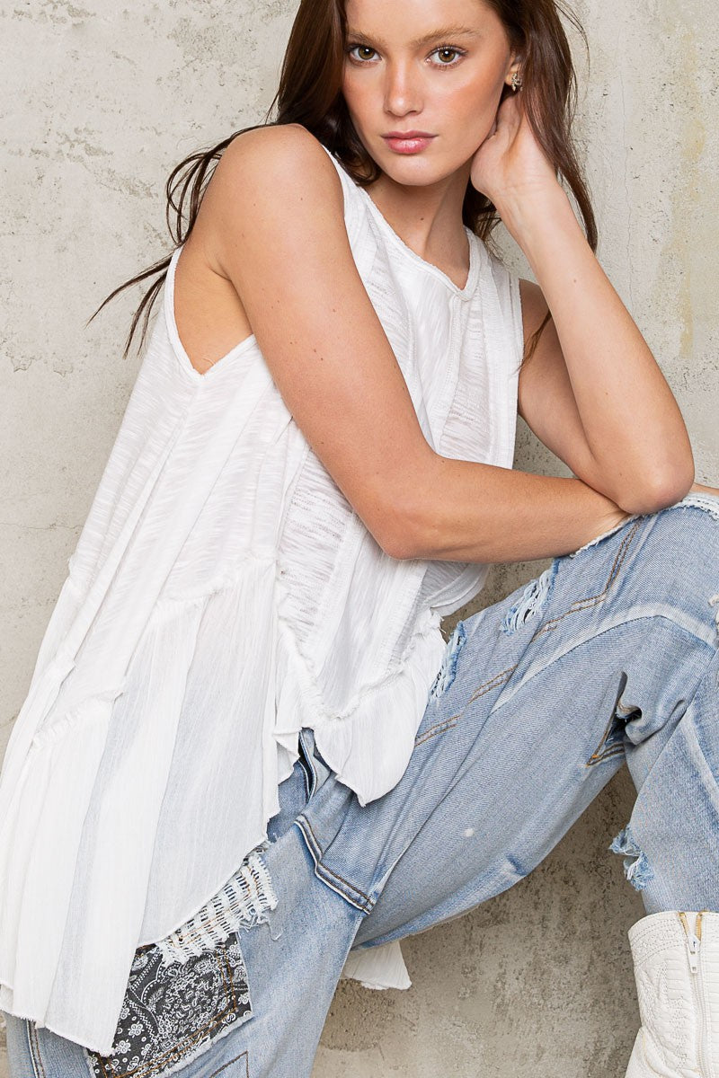 POL A-line Contrast Ruffle detail Round Neck Texured Slub Ruffle Top - Roulhac Fashion Boutique