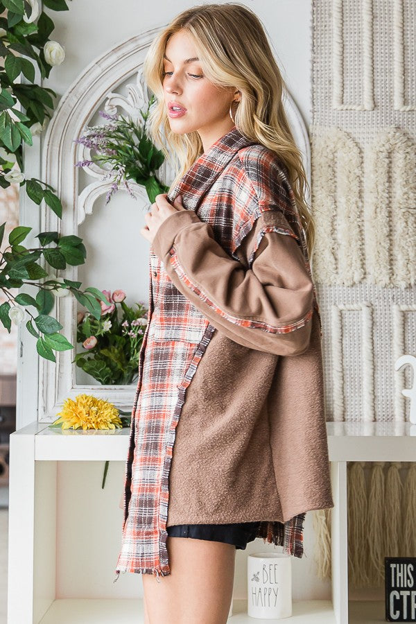 Oli & Hali Washed Plaid Terry Mix Button Front Jacket