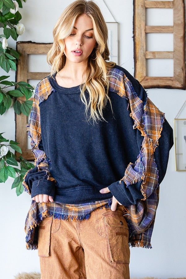 Oli & Hali Washed Long Sleeve Plaid Detail Top