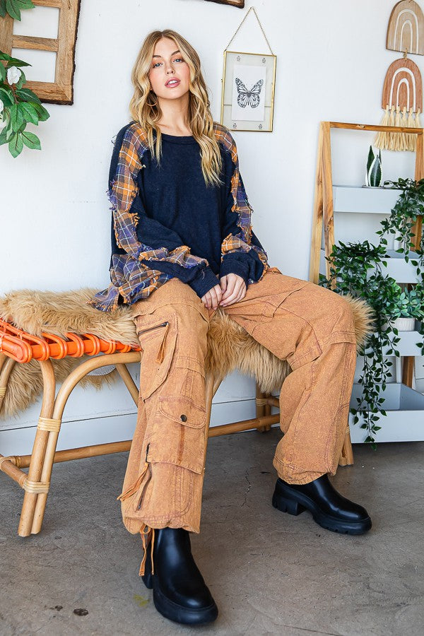 Oli & Hali Washed Long Sleeve Plaid Detail Top