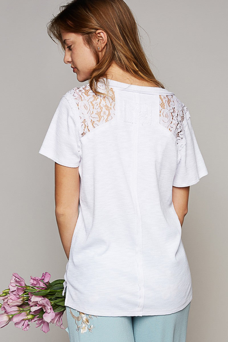 POL V Neck Short Sleeve Lace Trim Raw Edge Knit Top