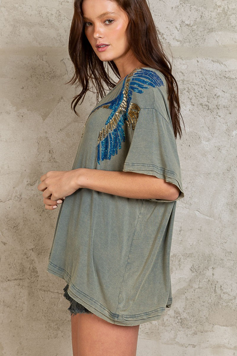 POL Embroidered Sequin And Beads Detail Short Length Sleeve VNeck Top - Roulhac Fashion Boutique