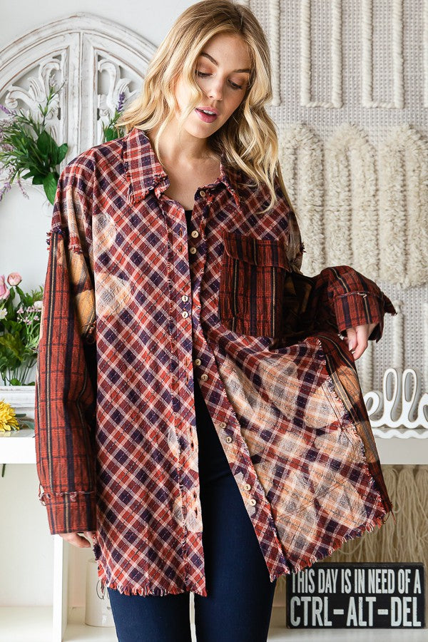 Oli & Hali Bleeched Flower Plaid Button Front Jacket