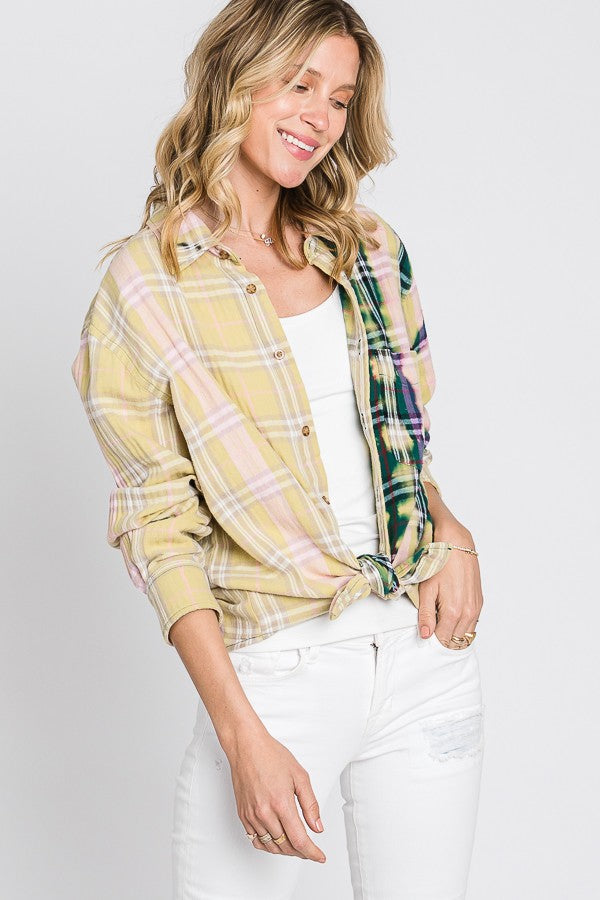 Oli & Hali Bleached Detail Front Pocket Plaids Top