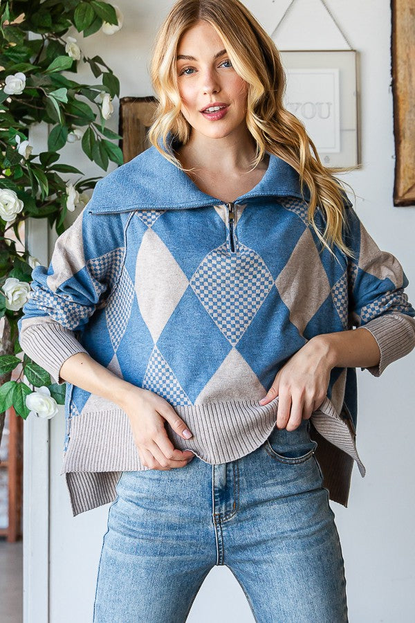 Oli & Hali Argyle Half Zip Up Pullover Sweater Top