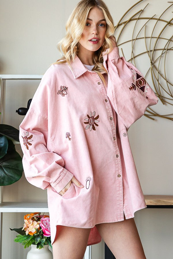 Oli & Hali Washed Embroidery Pincorduroy Shirt Top