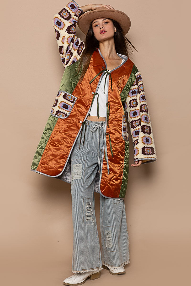 POL Floral Print Sherpa Sleeve Oversize Quilted Jacket - Roulhac Fashion Boutique