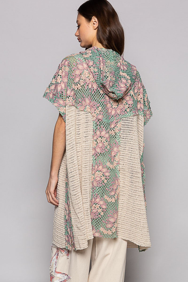 POL Sleeveless Crochet Floral Pattern Hoodie Open Kimono Top