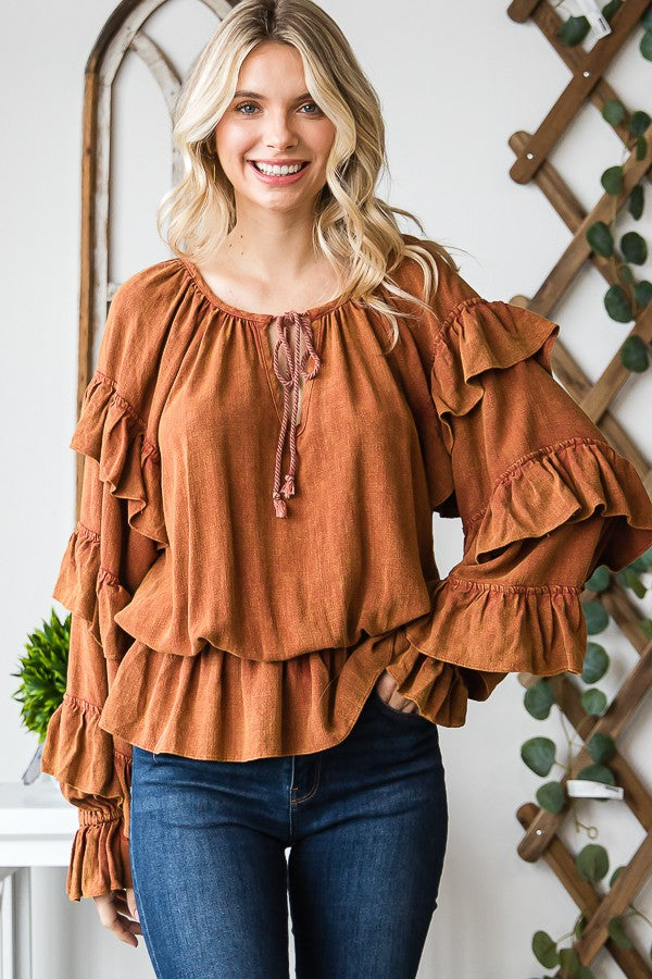 Oli & Hali Washed Ruffle Sleeve Peplum Top