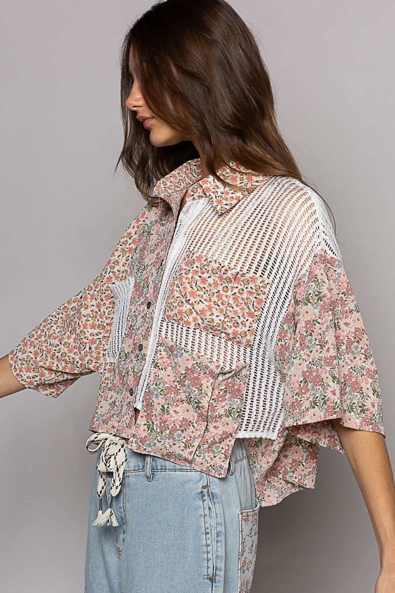 POL Short Sleeve Woven Print Crochet Mixed Shirt Top