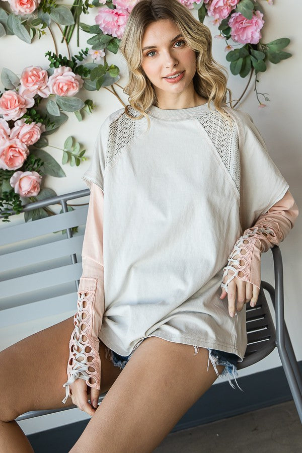 Oli & Hali Mineral Washed Lace Up Cuffs Top