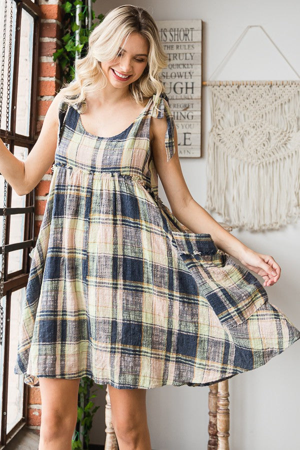 Oli & Hali Mineral Washed Plaid Baby Doll Dress