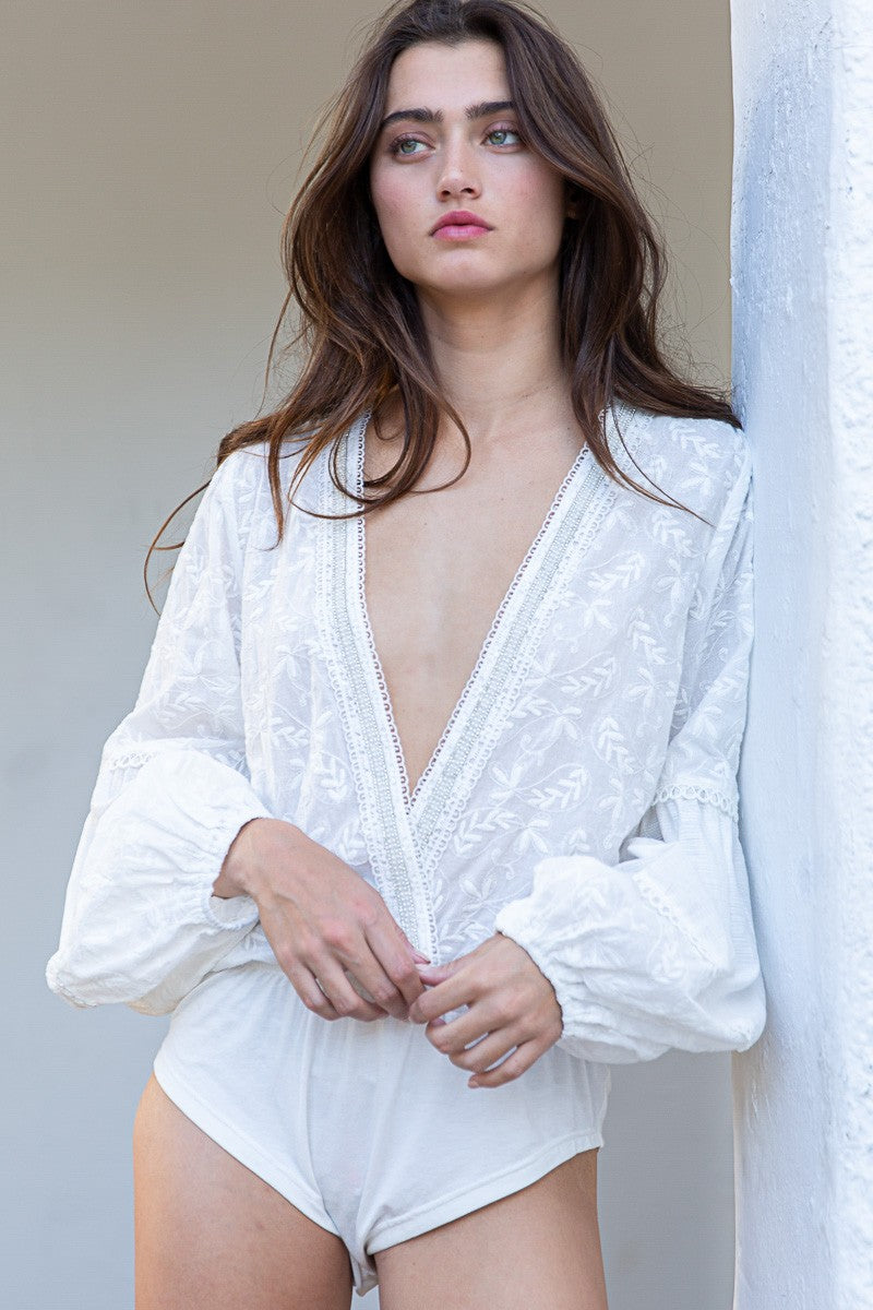 POL V-neck Embroidered detail Body suit - Roulhac Fashion Boutique