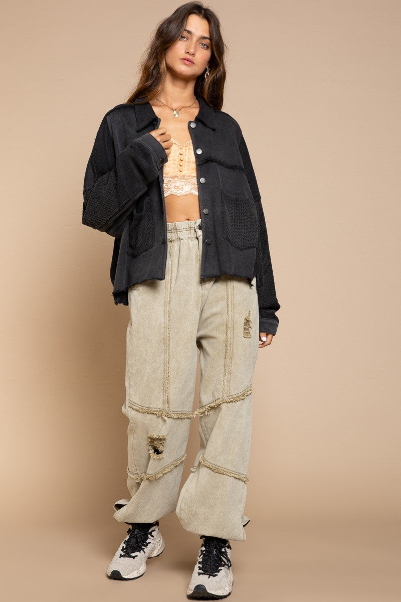 POL Raw Edge Hemline Button Closure Long Sleeve Jacket