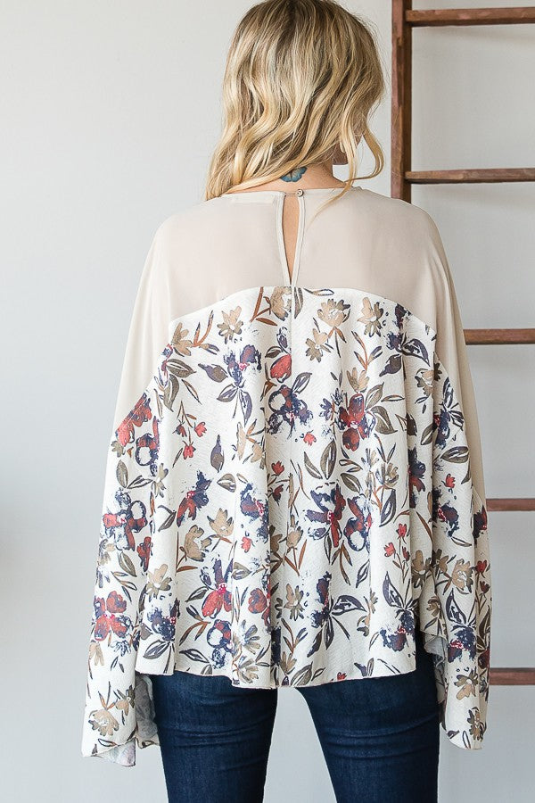 Oli & Hali Floral Print Solid Contrast Bell Sleeves Detail Fl Top