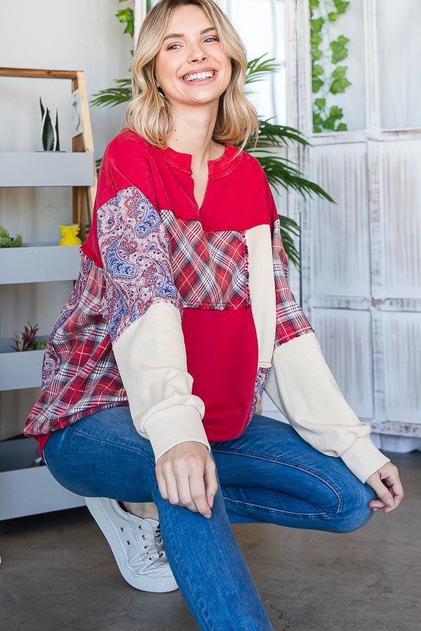 Oli & Hali Mineral Washed Fabric Mixed Pullover Top