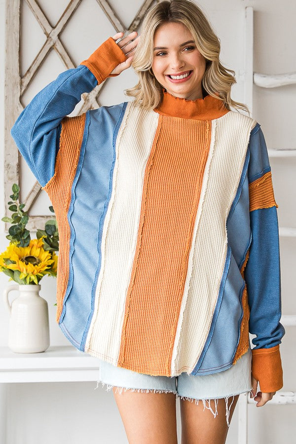 Oli & Hali Washed Fabric Mixed Long Sleeve Pullover Top