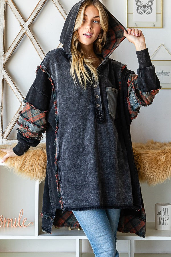 Oli & Hali Washed Fabric Mixed Oversized With Hoodie Top