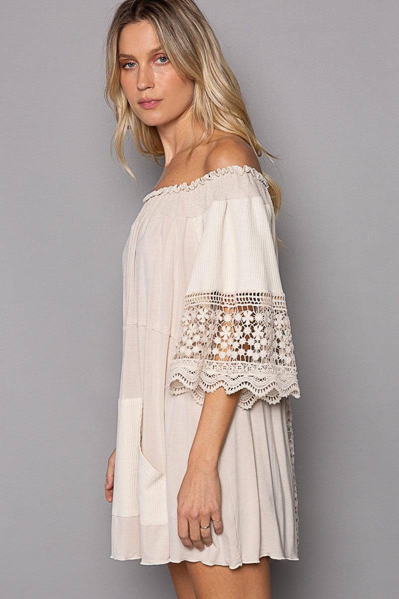 POL Off Shoulder Crochet Detail Short Sleeve Knit Top