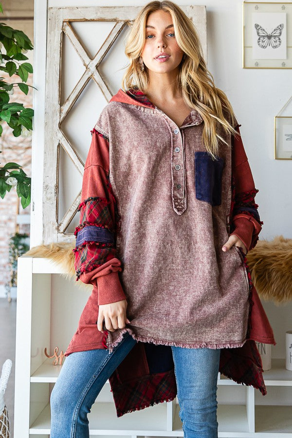 Oli & Hali Washed Fabric Mixed Oversized With Hoodie Top