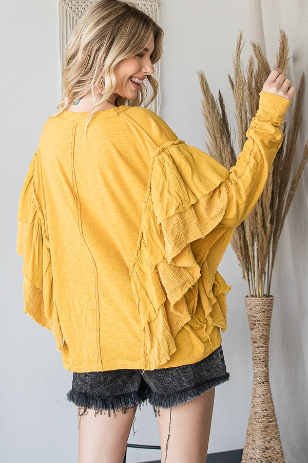 Oli & Hali Mineral Washed Ruffle Detail Sleeves Solid Top